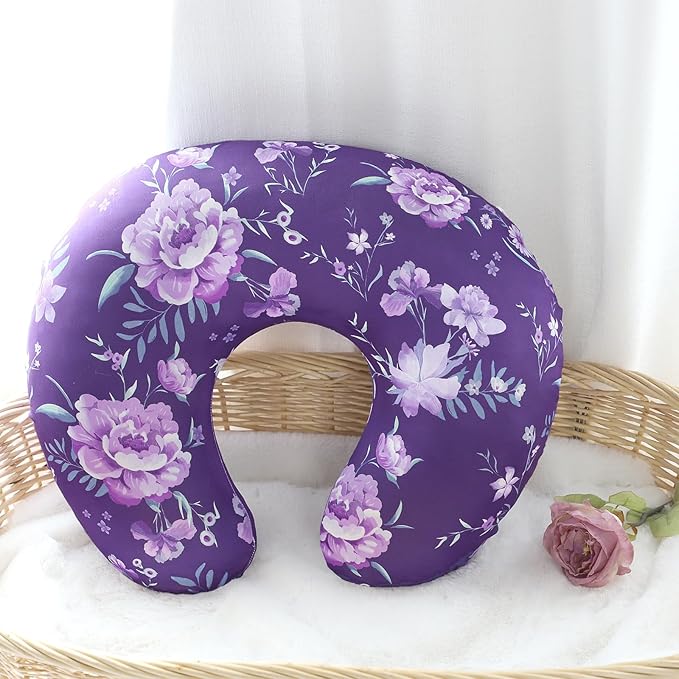 Nursing Pillow Cover, Breastfeeding Pillow Cover for Baby Girls Boys, Soft Stretchy Nursing Pillowcase for Infant Newborn, Removable Slipcover for Nursing Pillows, Purple Floral(Only Cover)