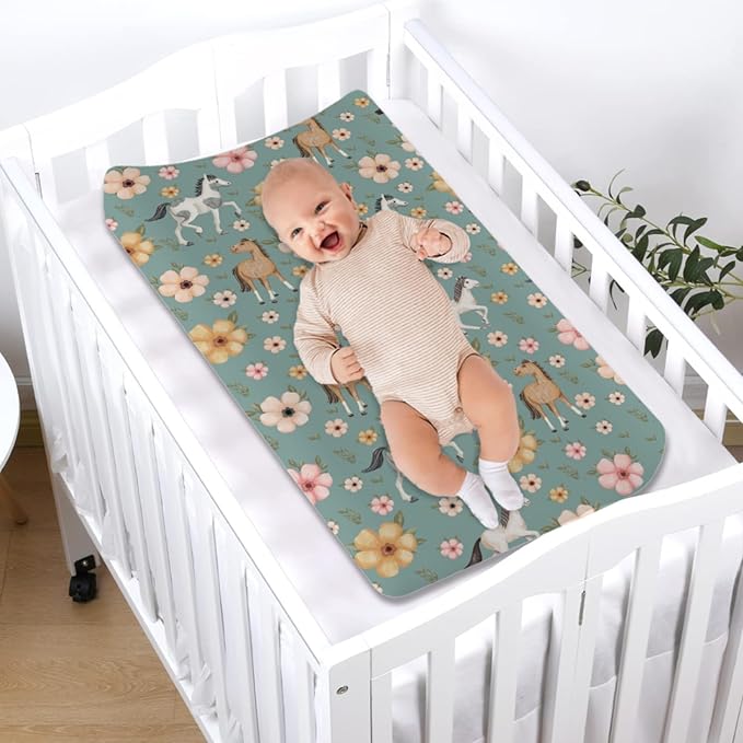 Changing Pad Covers Watercolor Horse Floral Baby Diaper Changing Pad Cover for Boys Girls Soft Breathable Stretch Fitted Diaper Change Table Pad Covers 32''x16'' Green