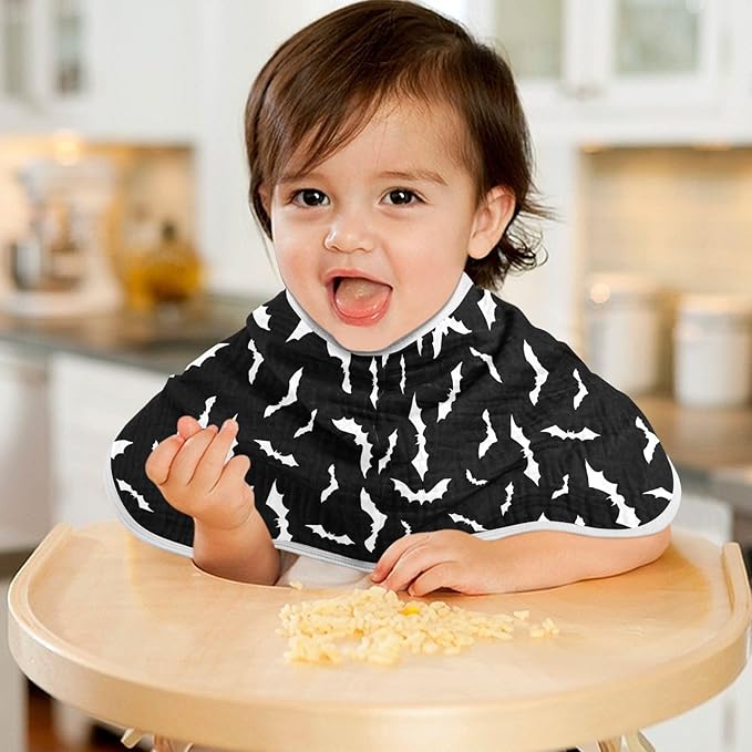 Muslin Burp Cloths for Baby Boys and Girls - 2-Pack Ultra Absorbent Halloween Bats Muslin Washcloths, Newborn Towel, Milk Spit Up Rags, Burp Cloth Bibs for Unisex, 22 x 11 Inch