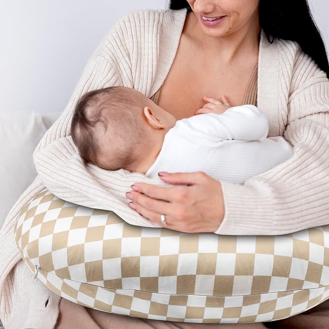 DILIMI Nursing Pillow Cover and Baby Lounger Cover, Comfortable Slipcover Newborn Lounger Cover for Boys Girls, Light Brown Checkerboard (Pillow Not Include)