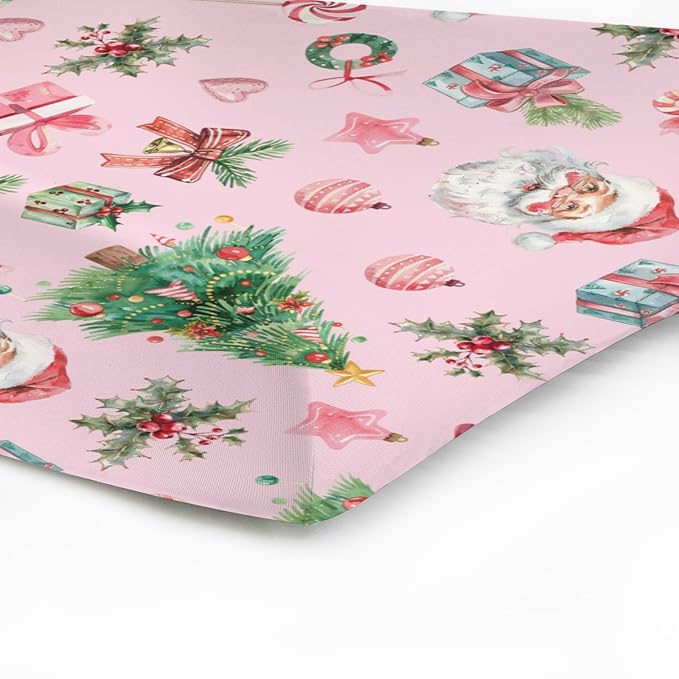 Vintage Pink Watercolor Santa Claus Baby Changing Pad Covers Retro Christmas Santa Trees Gift Candy Diaper Changing Table Sheets for Boy Girl Soft Stretchy Snug Fitted Change Table Mat 32''x16''
