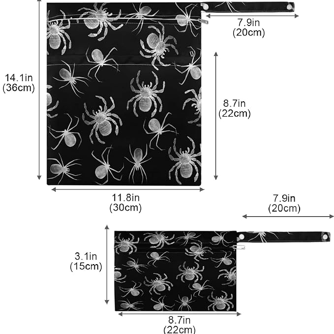visesunny Spider Animal 2Pcs Wet Bag with Zippered Pockets Washable Reusable Roomy for Travel,Beach,Pool,Daycare,Stroller,Diapers,Dirty Gym Clothes, Wet Swimsuits, Toiletries