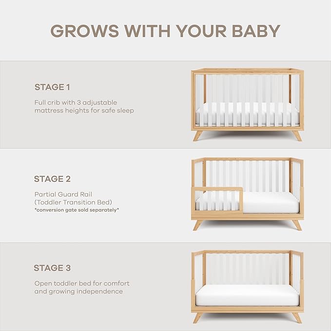 Comfy Cubs Crib Conversion Kit – Easy Assembly Toddler Bed Guard Rail, Solid Pine & Rubber Wood Convertible Crib Kit, Secure Bed Rail – White Bars and Natural Wood Frame and Legs, 53.5 x 13 x 1in