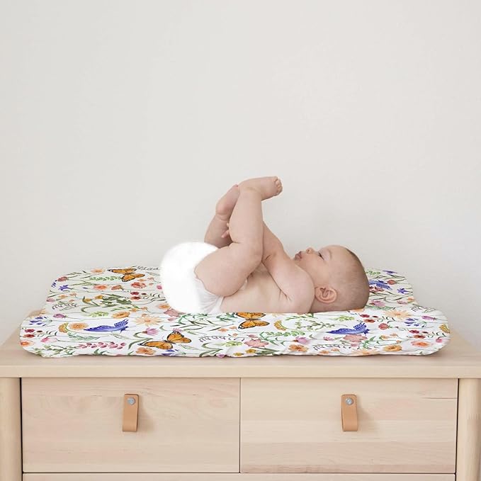 Spring Wildflower Butterflies Changing Pad Cover Watercolor Floral Summer Baby Changing Table Sheets for Baby Boy Girl Retro Botanical Soft Breathable Stretch Changing Table Mats 32''x16''