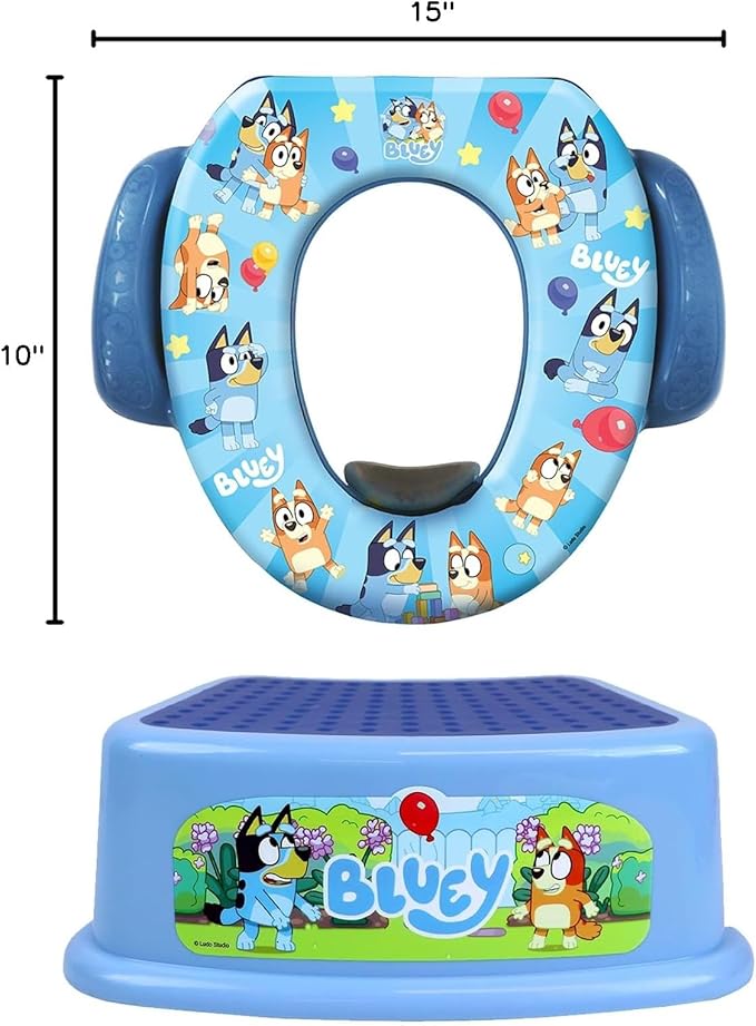 Bluey Potty Training Set, 2 pieces combine soft potty seat and a non-slip step stool, for toddlers and kids, potty training with fun Bluey characters.