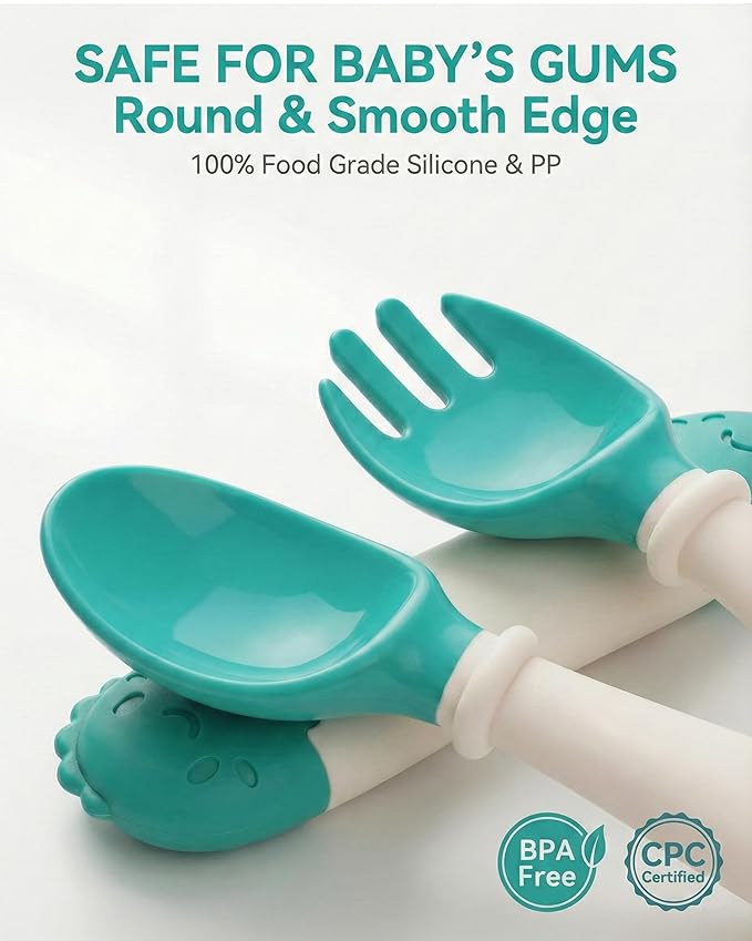 Deejoy Toddler Utensils, Self-feeding Flatware Set withTravel Case, Baby Spoons and Forks with Silicone Bendable Handle, Easy Grip Heat-Resistant, Ideal for Kids, Stage 2 Green