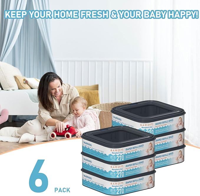 Standard Square Refills Disposal Bags Refill Compatible with Diaper Genie Classic, Compact and Select Pails, Hold Up to 270 Newborn-Sized Diapers Per Refill, Pack of 6