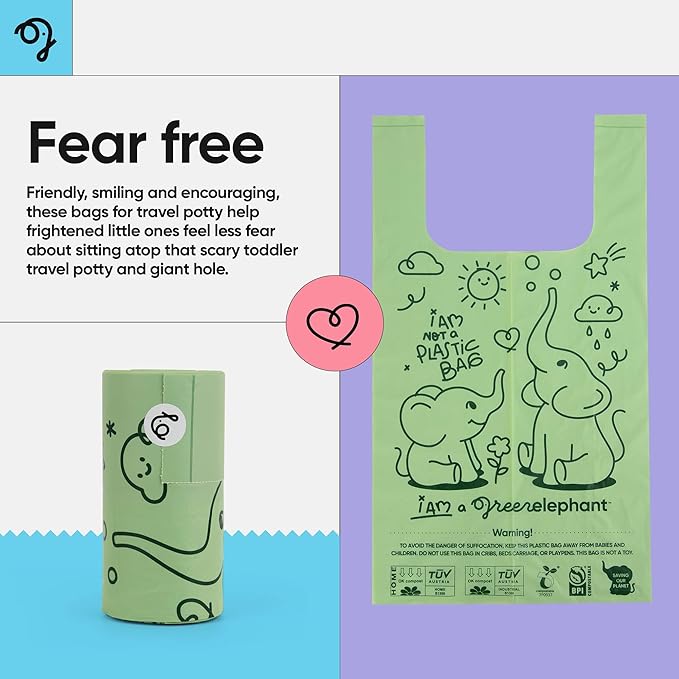 Green Elephant Travel Potty Bags-Potty Liners for Portable Potty,Bags for Portable Toilet,Liners Disposable Kids,Potty Training Liners Disposable,Potty Liners for Toddlers,Potty Chair Liners 30 count