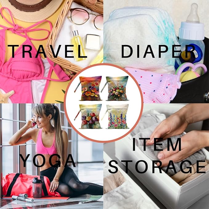 4 Pack Cute Wet Bag Waterproof Washable Reusable Wet Dry Bag for Swimsuit Dirty Clothes Diaper Travel Beach Pool Gym Christmas Birthday Camping Toiletries Beach Essentials,Fashion Colorful Floral