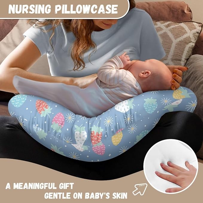 Cute Puppy Nursing Pillow Cover Stretchy and Soft Nursing Cover for Breastfeeding Pillows,Strawberry Printed Pillow Slipcover for Baby Girls Boys Newborn Blue(Cover Only)