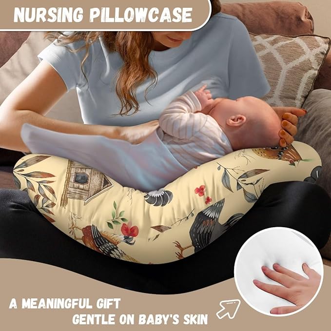 Jeiento Farmhouse Rooster Nursing Pillow Cover Soft Washable Breastfeeding Pillowcase Covers for Baby Boys Girls Newborns Cute Chicken Pattern Pillow Covers