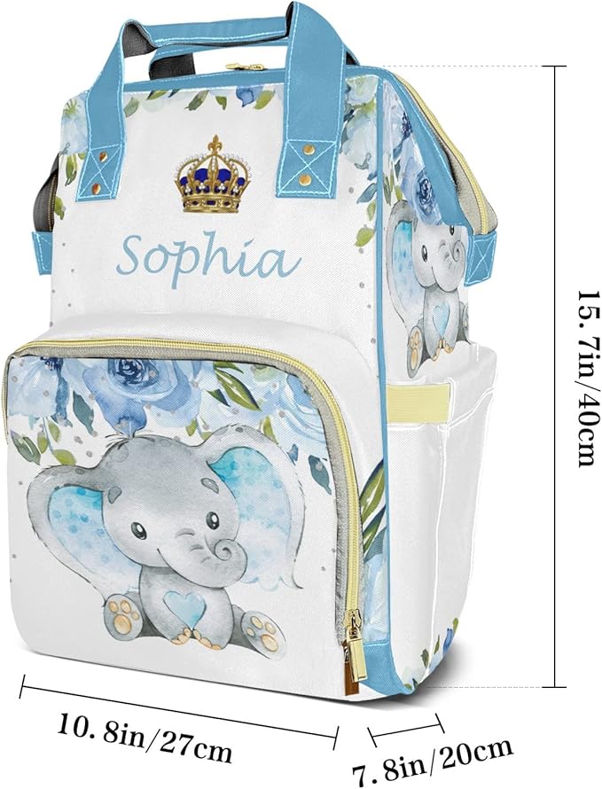 Watercolor Flower Elephant Cute Diaper Bag Baby Nappy Bag Daughter Multi-Function Custom Baby Bag Picnic Diaper Carrying Bag Unisex Gifts with Name