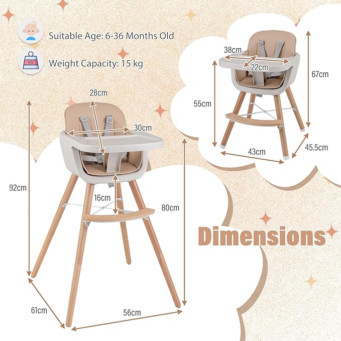 HONEY JOY Baby High Chair, 6-in-1 Eat & Grow Wooden Highchair/Toddler Chair with Removable Tray, 5-Point Harness, PU Cushion and Footrest, Convertible High Chair for Babies and Toddlers(Dark Beige)