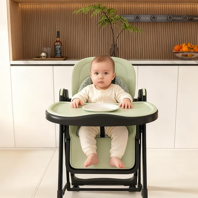 Foldable Baby High Chair with 150° Swing & Recline,Convertible High Chairs for Babies and Toddlers,5 Height Levels,3 Backrest & Footrest Positions,Removable Double Tray,Lockable Wheels (Dark Green)