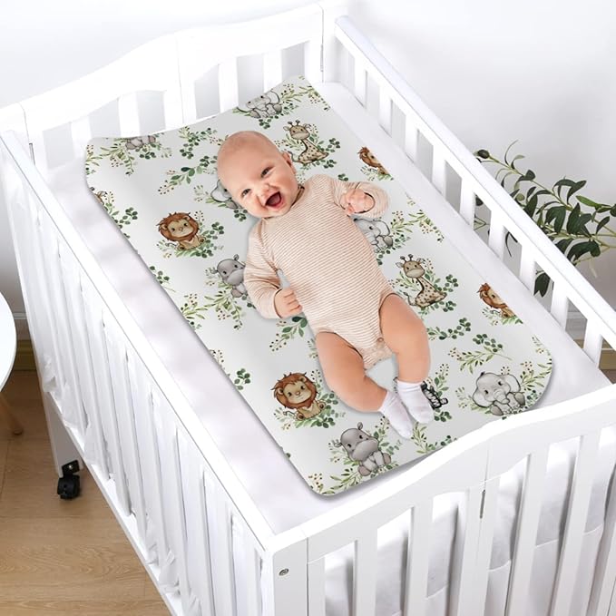 Baby Jungle Safari Animals Green Leaves Changing Pad Covers Elephant Giraffe Zebra Lion Hippo Diaper Change Table Sheets for Girls Boys Soft Stretchy Snug Fitted Changing Mats Cover 32''x16''