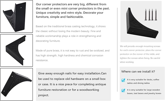Pack of 4 2.56" Antique Metal Corner Protectors Corner Guard Decorative Desk Box Corner Protector Desk Case Edge Cover Guard Furniture Corner (Black Printing)