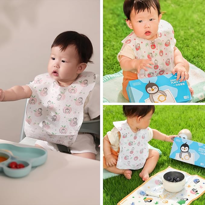 Disposable Feeding Bibs, 24 Individual Pack for Baby & Kids -Adjustable Adhesive Tabs, 13.78’’x 9.45’’ Toddler Bibs for Eating (【24pcs】 Oliver & Tomato)