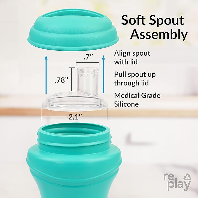 Re-Play Transition Sippy Cups for 1 Year-Old - Medical Grade Silicone Soft Spout & Travel Lid, Easy to Hold Hourglass Shape, Made in USA - 8 Oz. - Set of 2 - Lavender/Pool Blue
