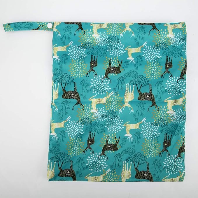 2 Wet Bags Reusable Diaper Nappy Waterproof With Two Zippered Pockets (Baby Fox and Regal Deer)