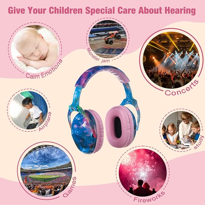 Kids Hearing Protection,25dB NRR Noise Reduction,Sound Proof for Kids,Toddler,Safety Earmuffs for Concert,Airplane,Autism,Monster Jam,Travel,School-Pink Blue Galaxy