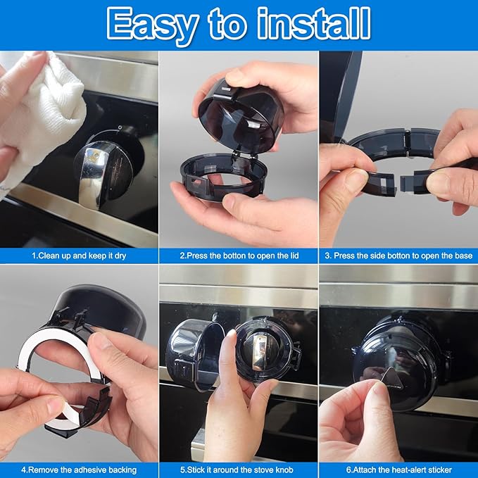 Stove Knob Covers for Child Safety – 5-Pack Heat-Resistant Oven Lock Knob Protectors with Heat Alert Stickers, Baby and Pets Proofing Stove Knob Guards for Gas & Electric Stoves(Dark)