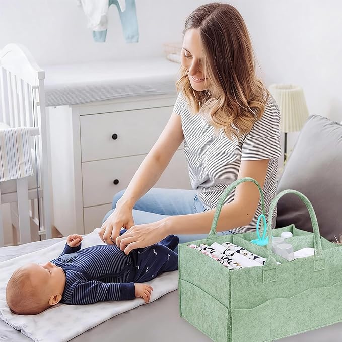 2 Pack Diaper Caddy Organizer, Portable Baby Caddy Organizer with Handle, Collapsible Nursery Storage Bin and Gift Baskets for Girls and Boys - Newborn Essentials, Baby Shower Gifts (Green)