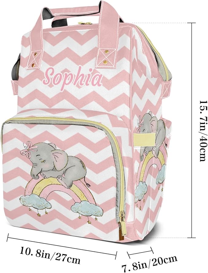 Rainbow Pink Elephant Mommy Bag for Baby Girl Custom Diaper Bag Backpack Waterproof Multi-Function Travel Camping Picnic Diaper Carrying Bag