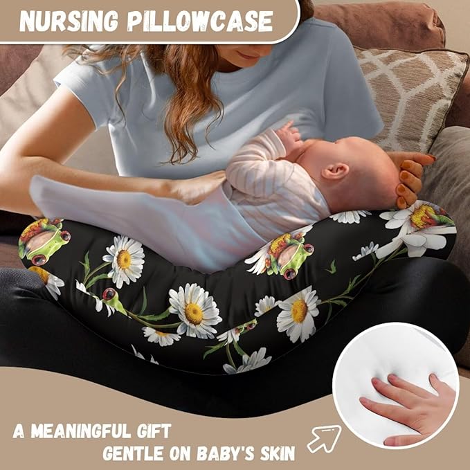 Nursing Pillow Cover Boy Girl, Machine Washable Breastfeeding Pillow Slipcover, Soft Nursing Pillowcase for Newborn Infant, Black Daisy Frog