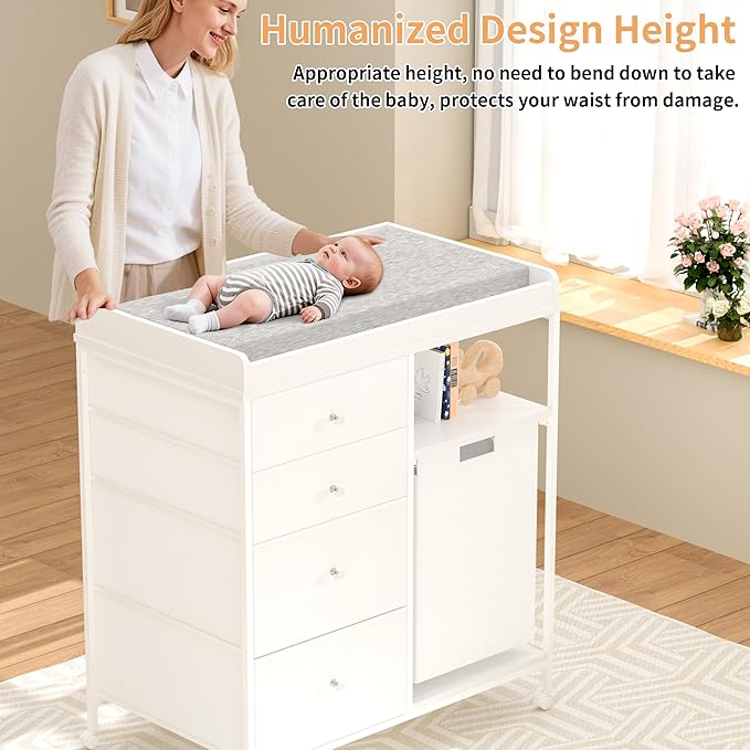 32.6" Baby Changing Station with 4 Drawers and 4 Wheels Diaper Changing Station with Changing Table Top Baby Classic Nursery Dresser with 1 Open Shelf and 1 Laundry Hamper for Newborn,White