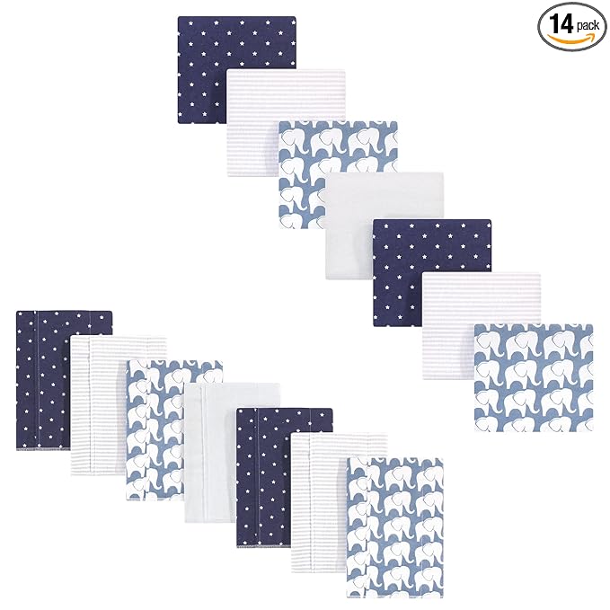 Hudson Baby Unisex Baby Cotton Flannel Burp Cloths and Receiving Blankets, 14-Piece, Boy Elephant, One Size