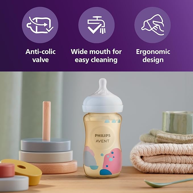 Philips Avent PPSU Natural Baby Bottles with Medium Flow Nipples (Flow 3), 9oz, with Decoration, 2-Pack, SCY943/02