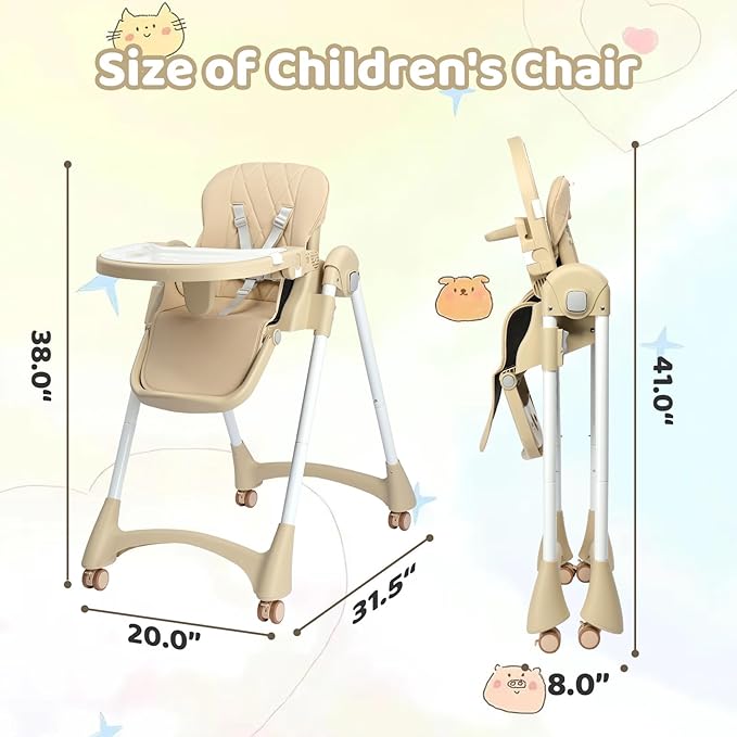 JOYMOR 4 in 1 Folding Baby High Chair for Babies to Toddlers, Infant Eating Foldable Highchair w/Leather Seat Cushion, 4-Position Removeable & Adjustable Tray, 5-Point Harness (Beige)