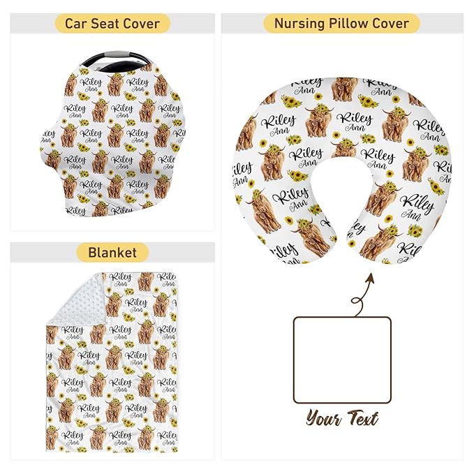 Baby Nursing Pillow Cover - Personalized Name Breastfeeding Pillow Cover with Highland Cattles Pattern, Stretchy Removable U-Shaped for New Moms, Soft Breathable Slipcover for Infant Boys Girls