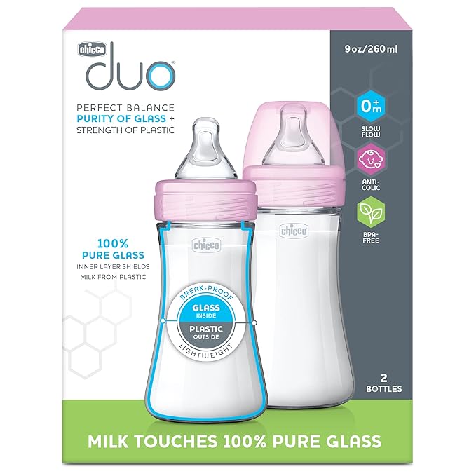Chicco Duo 9oz Hybrid Baby Bottle, Real Glass Inside, Lightweight Plastic Outside, Patented Invinci-Glass Technology, Intui-Latch Nipple, 2-Pack, Clear/Pink
