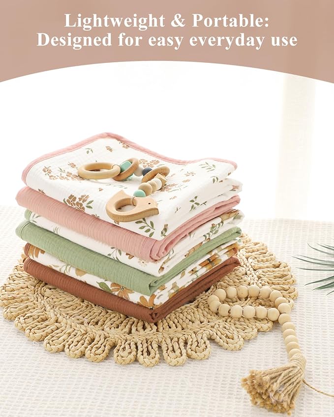 Waterproof Portable Changing Pad 2 Pack, Muslin Cotton Baby Changing Mat Comfortable & Breathable, Foldable Diaper Changing Pad for Travel, Machine Washable, Flower & Brown