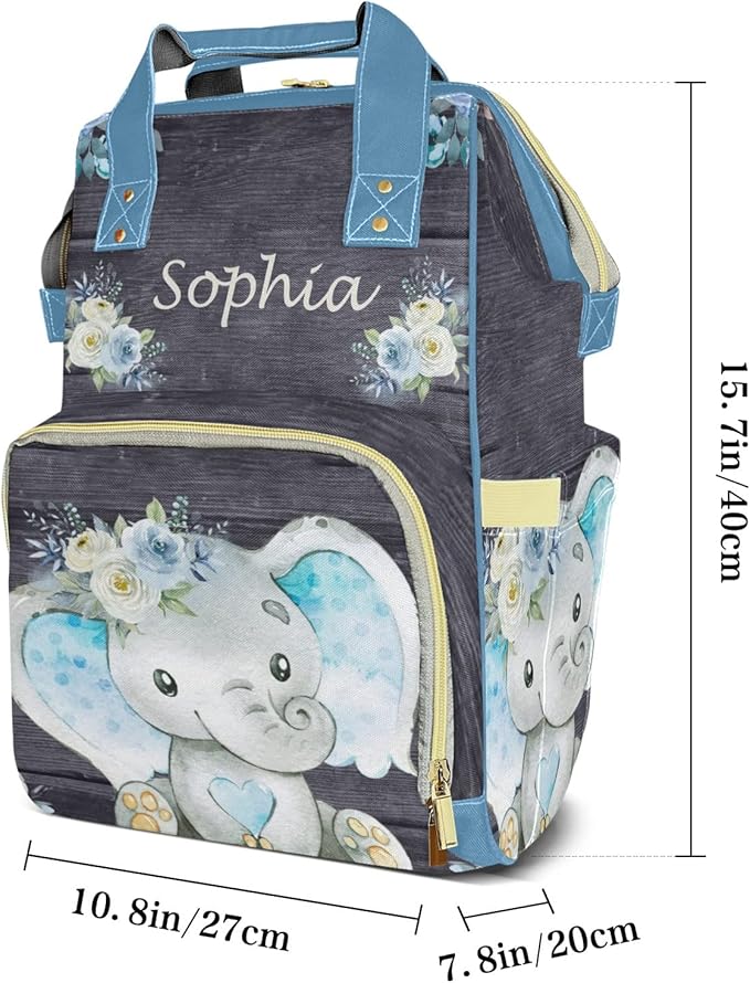 Watercolor Flower Elephant Mommy Bag for Baby Girl Custom Diaper Bag Backpack Waterproof Multi-Function Travel Camping Picnic Diaper Carrying Bag