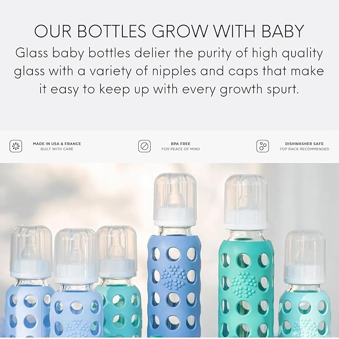 Lifefactory Glass Baby Bottle BPA Free | Protective Silicone Sleeve | 9 oz Pack of 2 | Raspberry
