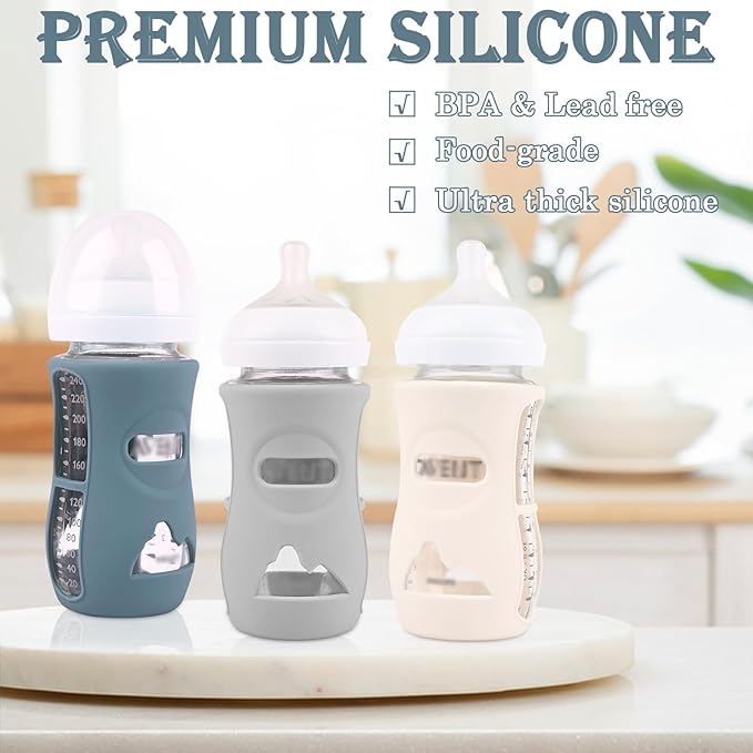 3 Pack Silicone Sleeves for Avent Natural Glass Baby Bottles, Anti Breakage Baby Bottle Holder, Compatible Philips Avent Glass Natural Baby Bottle 8 oz (Grey+Dark Blue+Apricot)