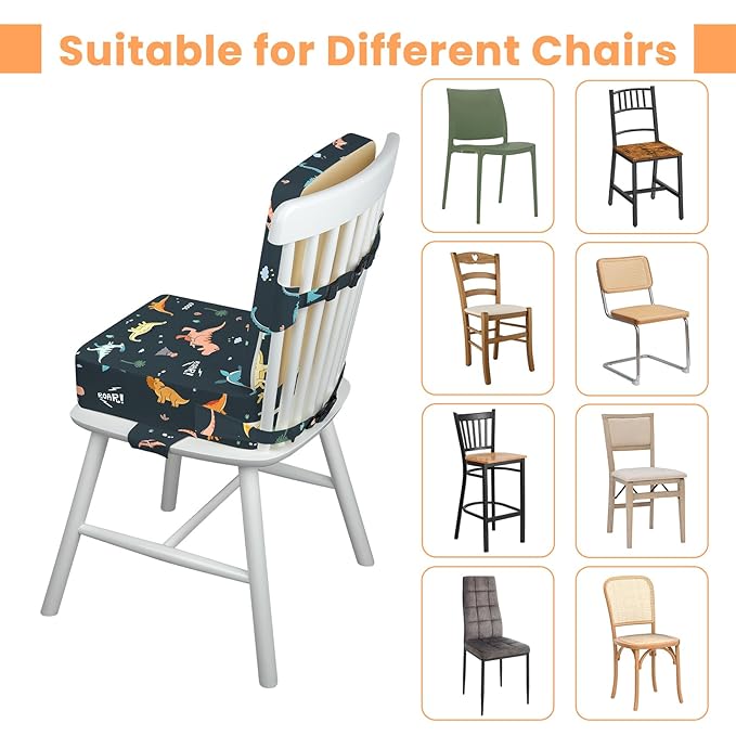 Toddler Booster Seat for Dining Table with Adjustable Straps, Kids Booster Seat for Kitchen Chair with Non-Slip Bottom, Portable Detachable Washable Increasing Cushion (Dinosaur)