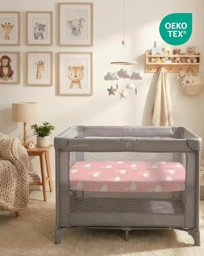 Pack and Play Sheets Fitted - 2 Pack Mini Crib Sheets for Pack N Play Mattress - Unisex Playard Microfiber Bedding for Boys & Girls - Soft, Breathable and Wrinkle Free - Oeko-Tex, 38 x 26in - Swans