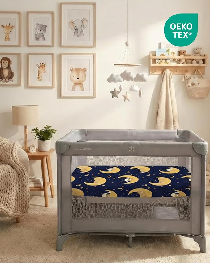 Pack and Play Sheets Fitted - 2 Pack Mini Crib Sheets for Pack N Play Mattress - Unisex Playard Microfiber Bedding for Boys & Girls - Soft, Breathable & Wrinkle Free - Oeko-Tex, 38 x 26in - Moon Bear