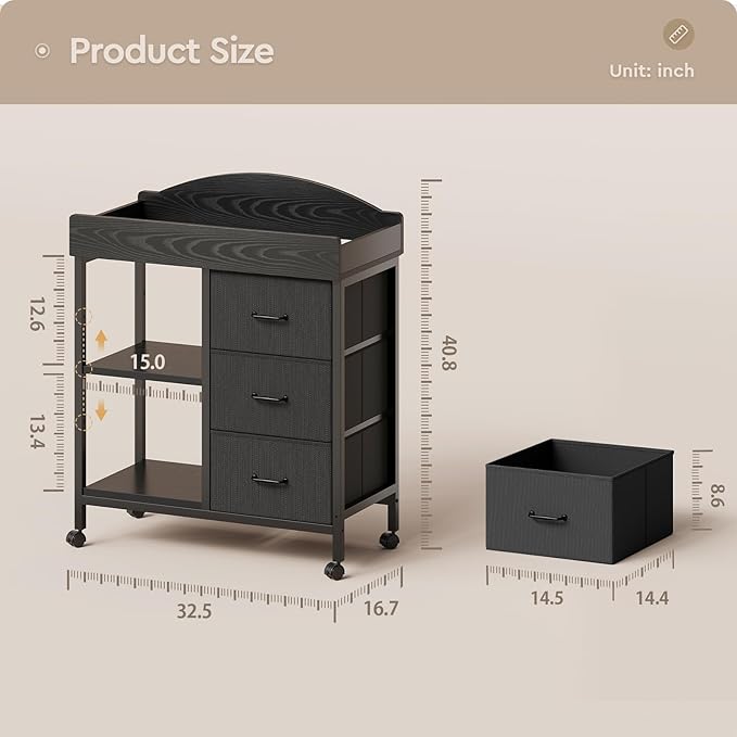 YeTom Changing Table Dresser, Baby Dresser with 3 Fabric Drawers and 2 Shelves, Multi-Functional Baby Changing Table with Pad, Classic Nursery Dresser, Diaper Changing Station for Nursery, Black