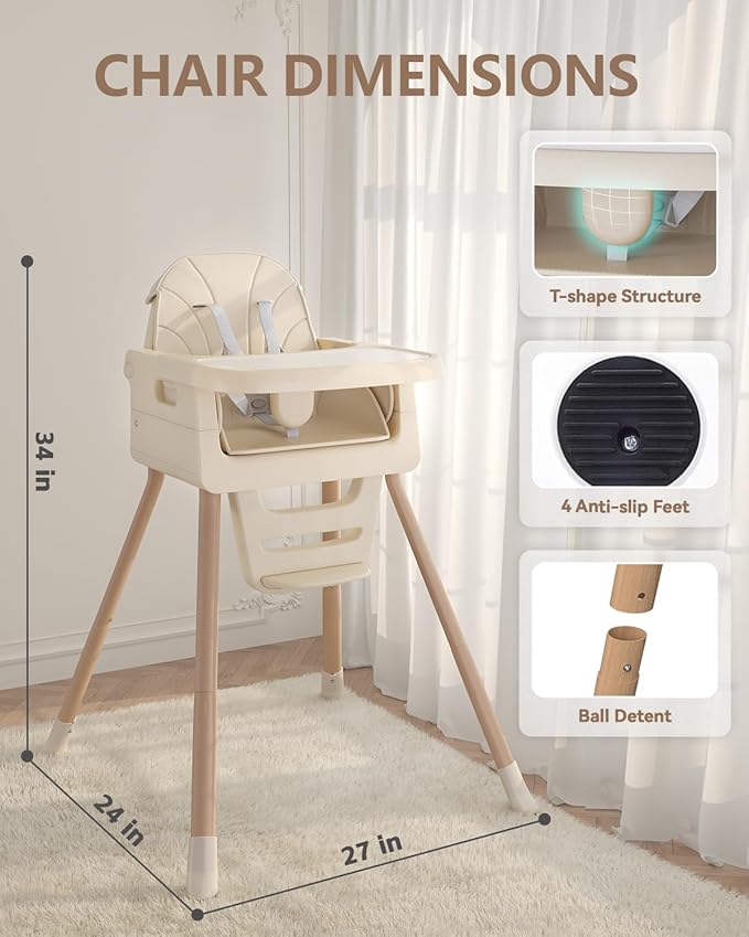 Baby High Chair for 6 Months+, Foldable High Chairs for Babies and Toddlers, Convertible High Chair, Adjustable Tray & Footrest, Portable High Chair & Easy to Clean(White with Wood Grain)