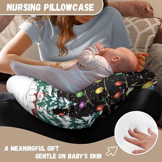 Christmas Lights Snowman Nursing Pillow Covers Breastfeeding Pillow Slipcover for Newborn Soft Nursing Pillow Case Skin-Friendly U-Shaped Hidden Zipper Design Xmas Decor