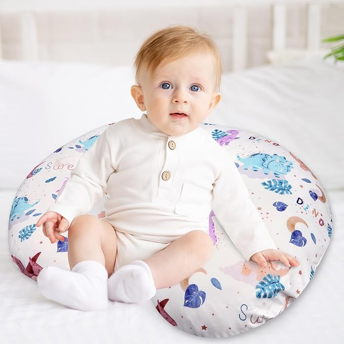 DILIMI Nursing Pillow Cover Stretchy Removable Case for Breastfeeding Pillows, Ultra Soft Comfortable Slipcover for Baby Girl and Boy, Watercolor Dinosaur and Leaves