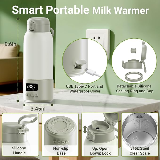 Portable Milk Warmer, 17oz Large Capacity Bottle Warmer for Baby, Fast Heating for Breast Milk & Formula & Water, Long Battery Life Portable Bottle Warmer for Travel with Pasteurization