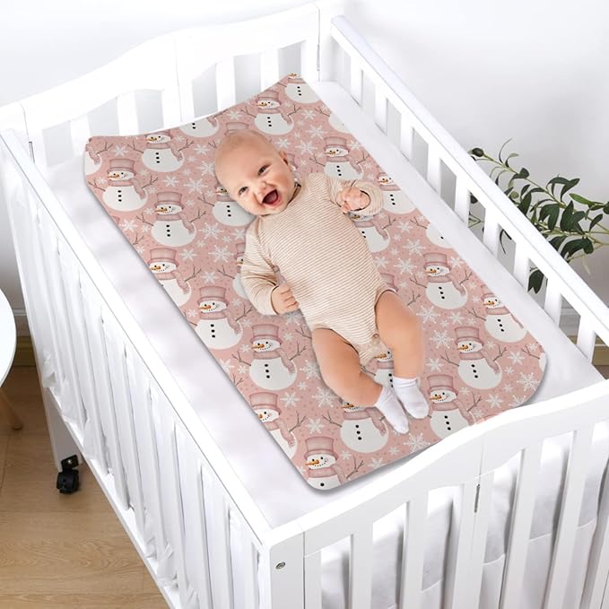 Pink and White Snowman Snowflakes Changing Pad Cover Xmas Winter Snowman Diaper Change Pad Cover Sheets for Boys Girls Soft Stretch Fitted Diaper Changing Table Mats Sheets 32''x16''
