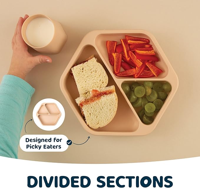 Tiny Twinkle Silicone Suction Baby Plate, Suction Grip Divided Dish for First Foods and Self-Feeding Toddlers, Baby Led Weaning Supplies for Independent Eating (Sand Plate with Lid)