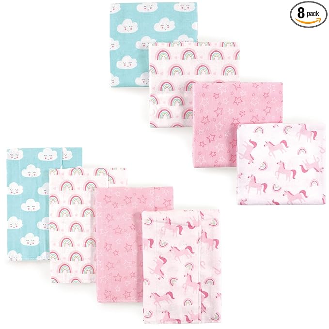 Luvable Friends Unisex Baby Cotton Flannel Burp Cloths and Receiving Blankets, 8-Piece, Rainbow, One Size