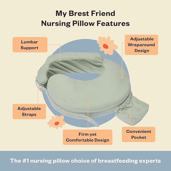 My Brest Friend Nursing Pillow - Deluxe - Enhanced Comfort w/Slipcover - Ergonomic Design for Ultimate Breastfeeding Support for Mom & Baby - Adjustable Backrest and Handy Side Pocket, Spring Green